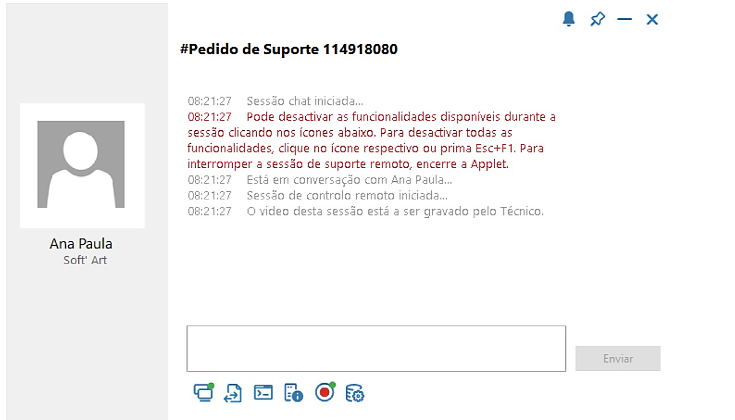 Sessão em andamento no suporte remoto Soft'Art